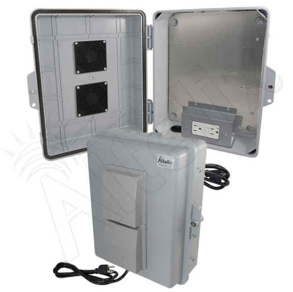 Altelix 14x11x5 Polycarbonate + ABS Vented Weatherproof NEMA Enclosure with Aluminum Mounting Plate, 120 VAC GFCI Outlets & Power Cord