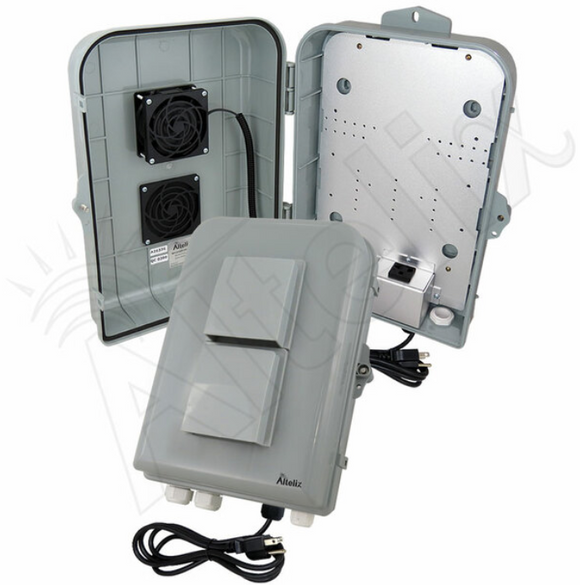 Altelix 15x10x5 Polycarbonate + ABS Vented Weatherproof Enclosure with Cooling Fan, 120 VAC Outlet & Power Cord