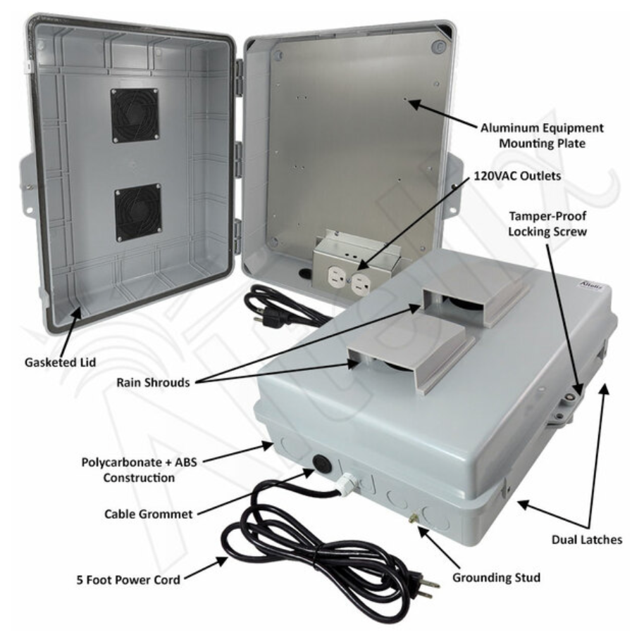Altelix 17x14x6 Polycarbonate + ABS Vented Weatherproof NEMA Enclosure with Aluminum Mounting Plate, 120 VAC Outlets & Power Cord - 0