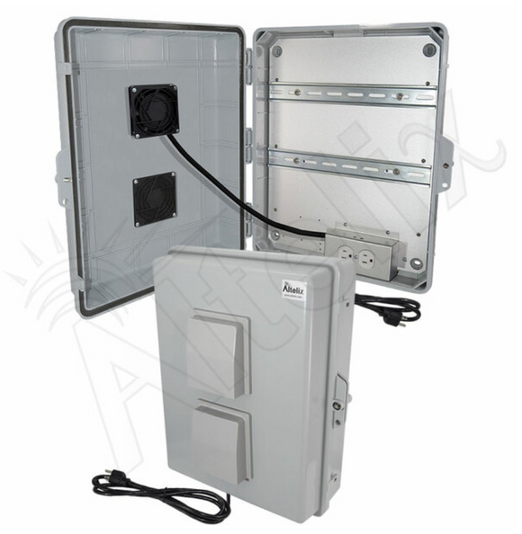 Altelix 17x14x6 Vented DIN Rail Polycarbonate + ABS Weatherproof NEMA Enclosure with Cooling Fan, 120 VAC Outlets & Power Cord