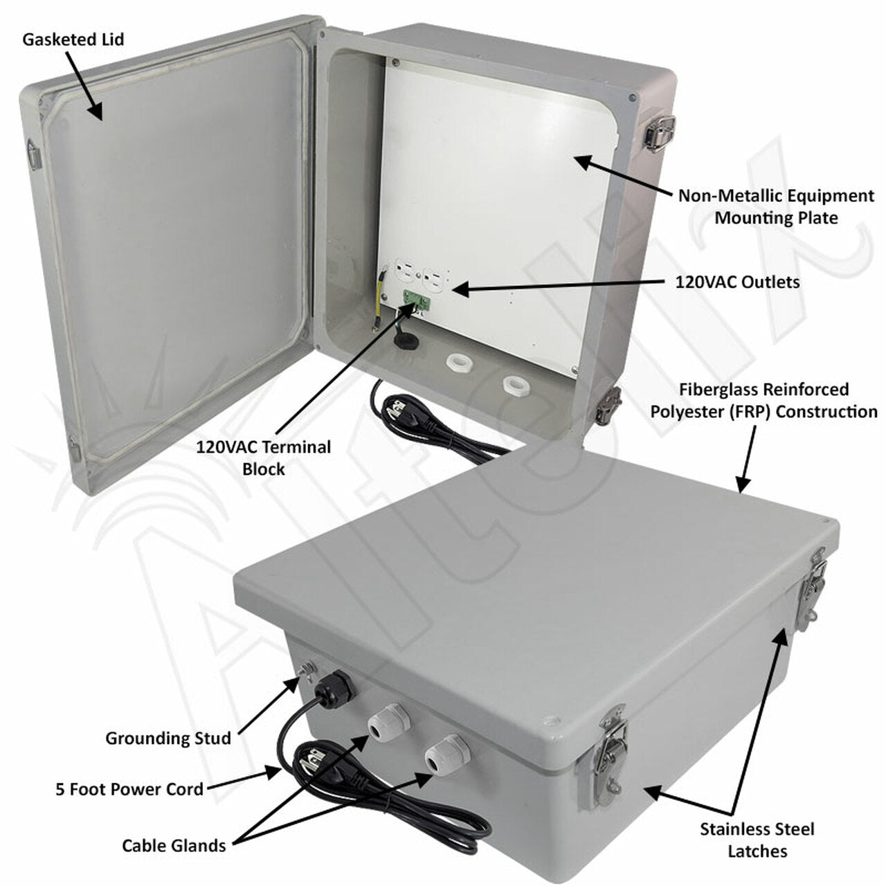 Altelix Fiberglass Weatherproof WiFi NEMA 4X Enclosure with Polyester Mounting Plate, 120 VAC Outlets & Power Cord - 0
