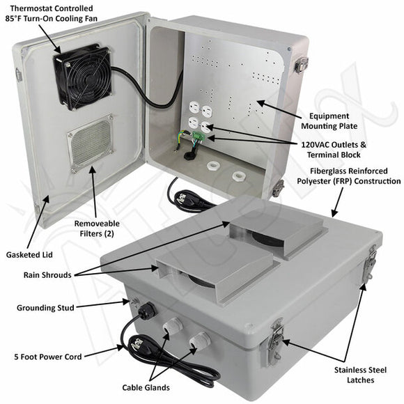 Altelix Fiberglass Weatherproof Vented NEMA Enclosure with 120 VAC Outlets, Power Cord & 85°F Turn-On Cooling Fan