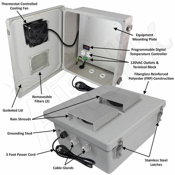 Altelix Fiberglass Weatherproof Vented NEMA Enclosure with 120 VAC Outlets, Power Cord & Cooling Fan with Digital Temperature Controller