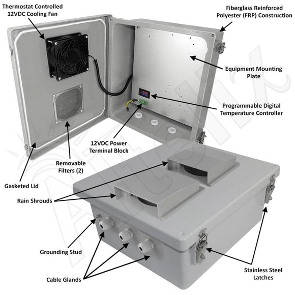 Altelix Fiberglass Weatherproof Vented NEMA Enclosure with 12 VDC Cooling Fan & Digital Temperature Controller