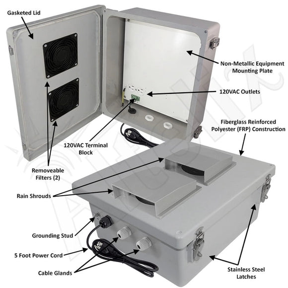 Altelix Fiberglass Weatherproof Vented WiFi NEMA Enclosure with 120 VAC Outlets & Power Cord