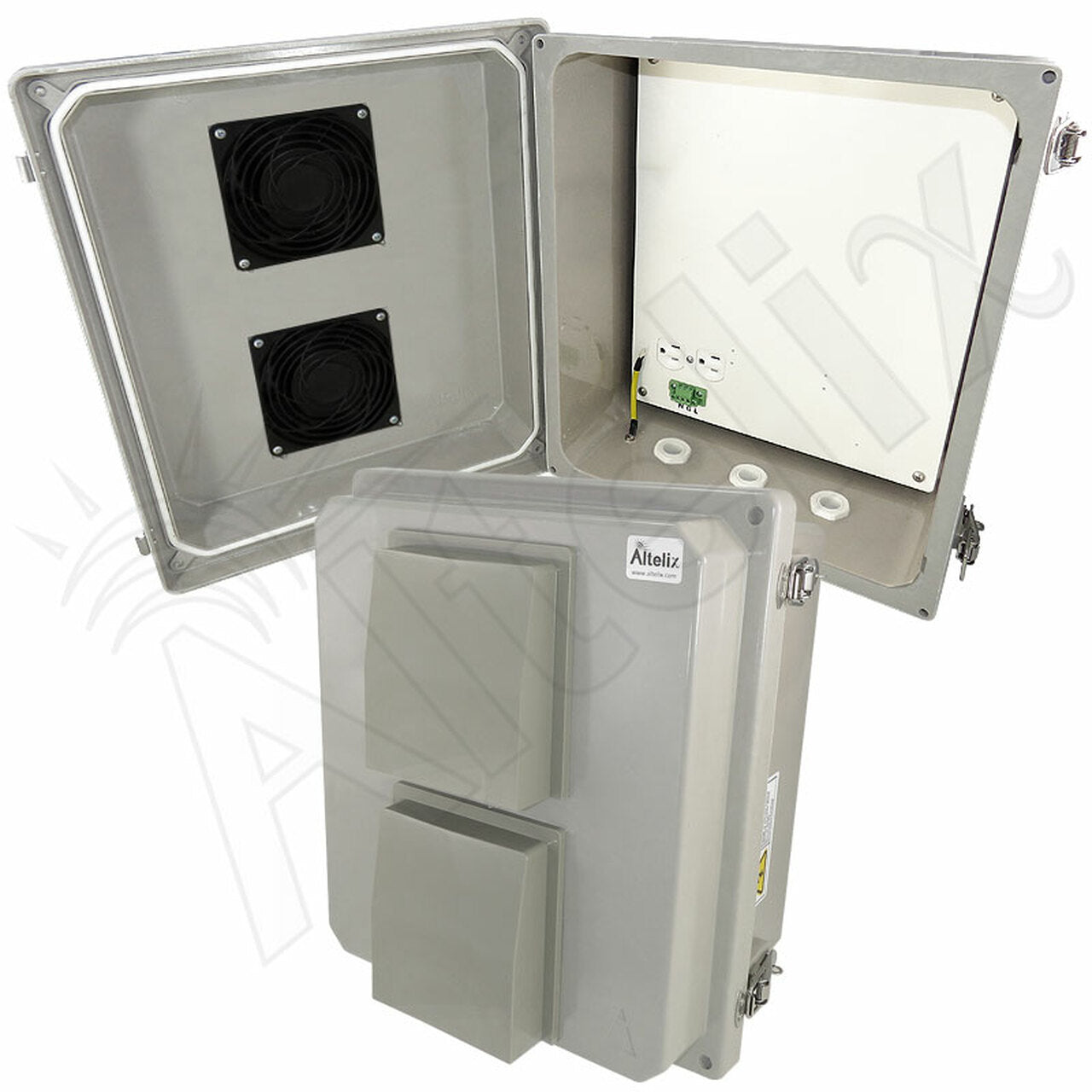 Altelix 14x12x8 Fiberglass Weatherproof Vented WiFi NEMA Enclosure with 120 VAC Outlets and Non-Metallic Equipment Mounting Plate