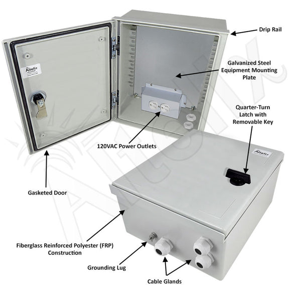 Altelix NEMA 3X Fiberglass Weatherproof Enclosure with Equipment Mounting Plate & 120 VAC Outlets