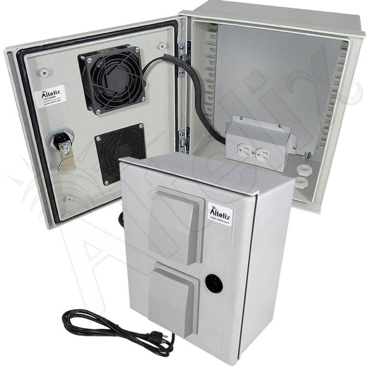 Altelix Vented Fiberglass Weatherproof NEMA Enclosure with Cooling Fan, 120 VAC Outlets & Power Cord