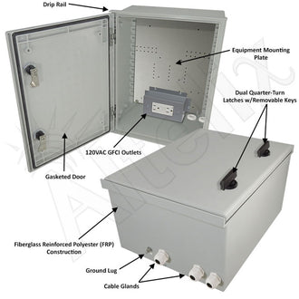 Altelix 16x12x8 NEMA 3X Fiberglass Weatherproof Enclosure with Equipment Mounting Plate & 120 VAC GFCI Outlets - 0