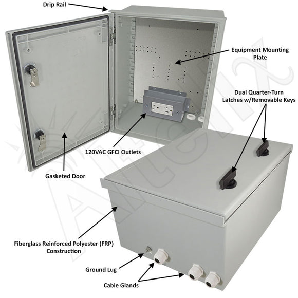 Altelix 16x12x8 NEMA 3X Fiberglass Weatherproof Enclosure with Equipment Mounting Plate & 120 VAC GFCI Outlets