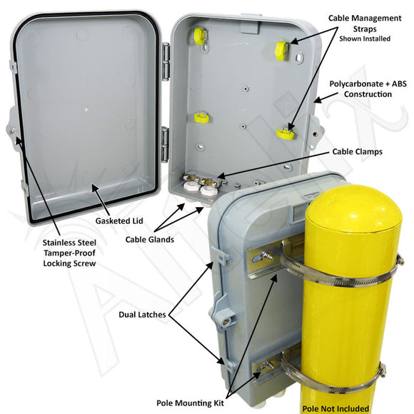 Altelix 13x10x4 Pole Mount IP66 NEMA 4X PC+ABS Weatherproof Utility Box with Hinged Door
