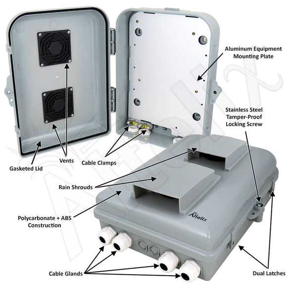 Altelix 13x10x4 PC+ABS Vented Weatherproof Utility Box NEMA Enclosure with Hinged Door and Aluminum Mounting Plate