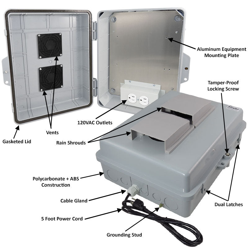 Altelix 14x11x5 Polycarbonate + ABS Vented Weatherproof NEMA Enclosure with Aluminum Mounting Plate, 120 VAC Outlets & Power Cord