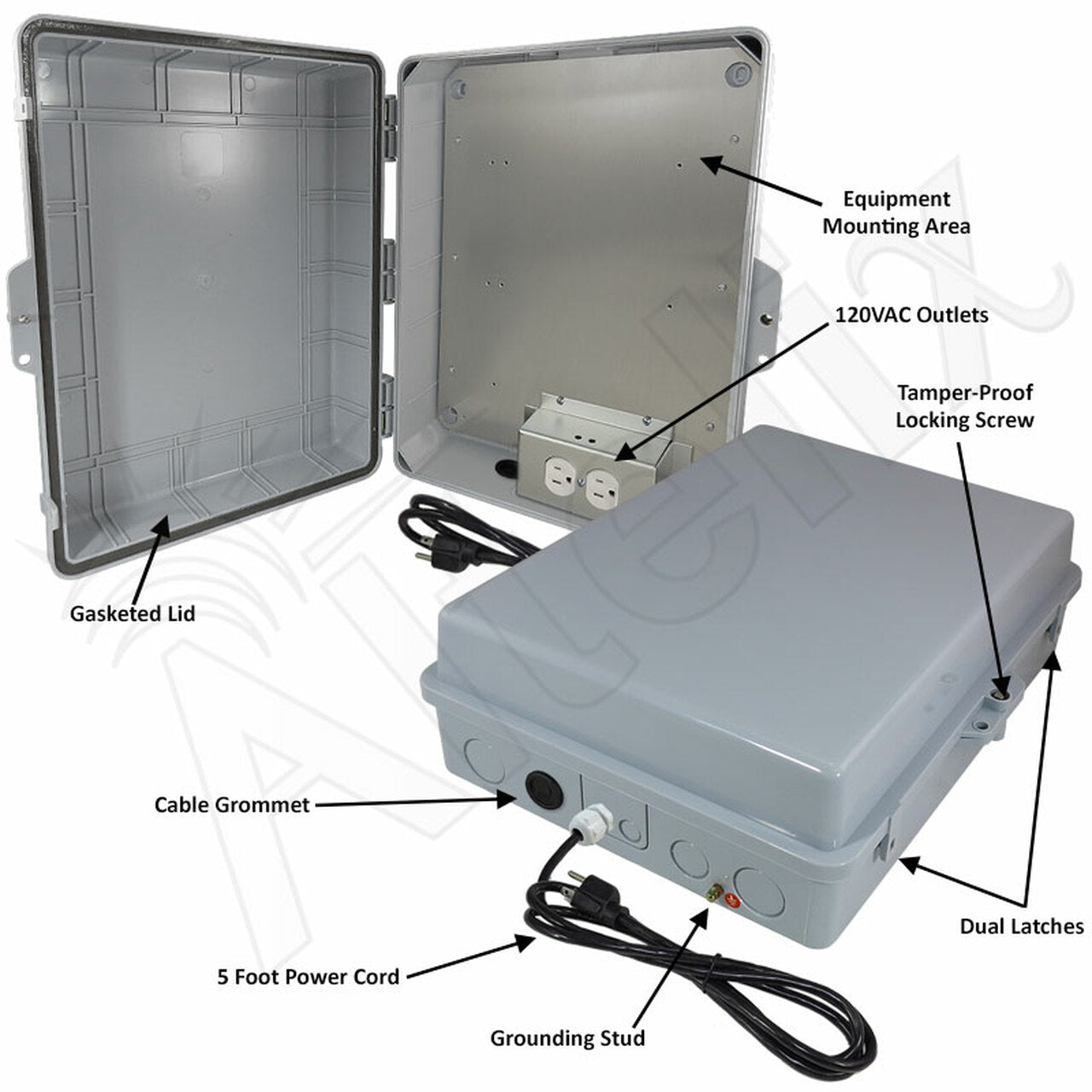 Altelix 17x14x6 PC + ABS Weatherproof Power Box NEMA Enclosure with 120V Power Outlets