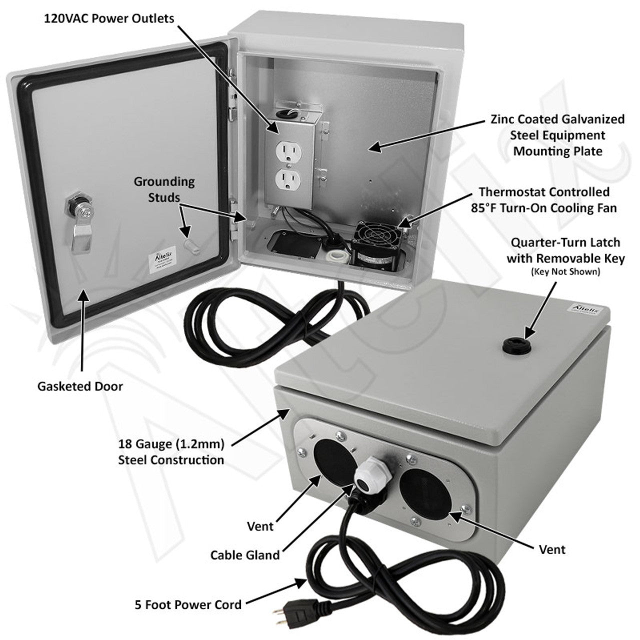 Altelix Steel Weatherproof NEMA Enclosure with 120 VAC Outlets, Power Cord & 85°F Turn-On Cooling Fan - 0