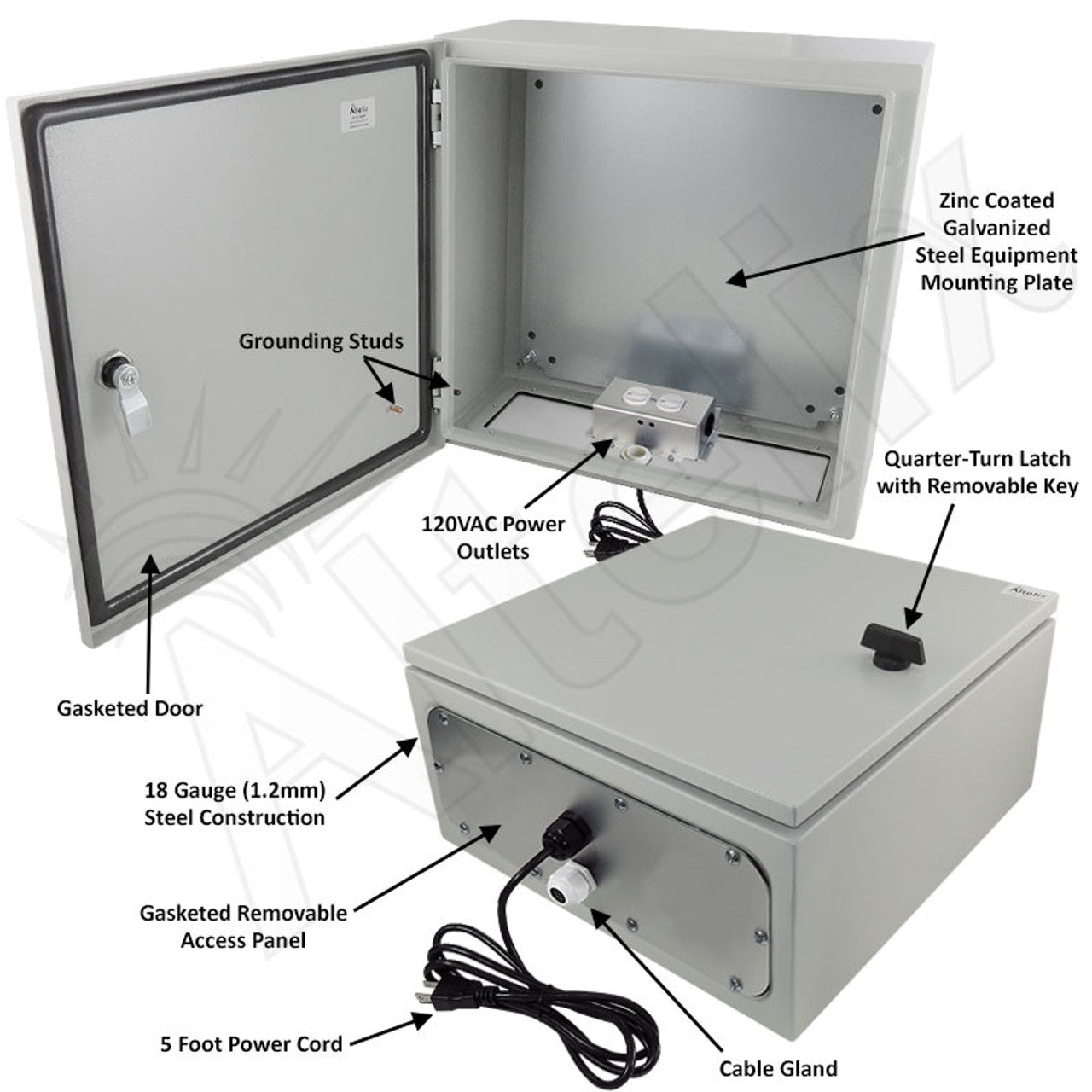 Altelix NEMA 4X Steel Weatherproof Enclosure with 120 VAC Outlets and Power Cord - 0