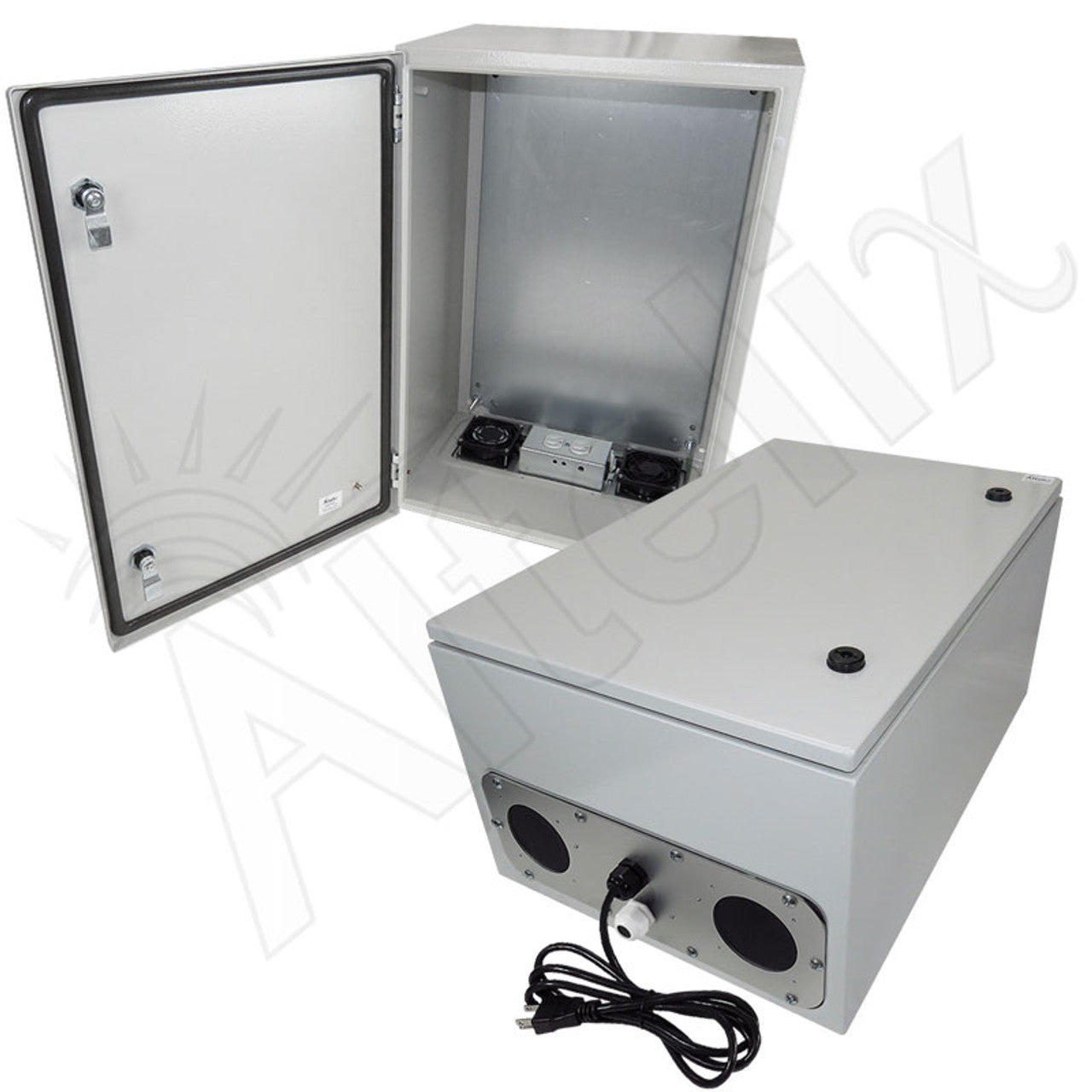 Altelix Steel Weatherproof NEMA Enclosure with 120 VAC Outlets, Power Cord & 85°F Turn-On Cooling Fan