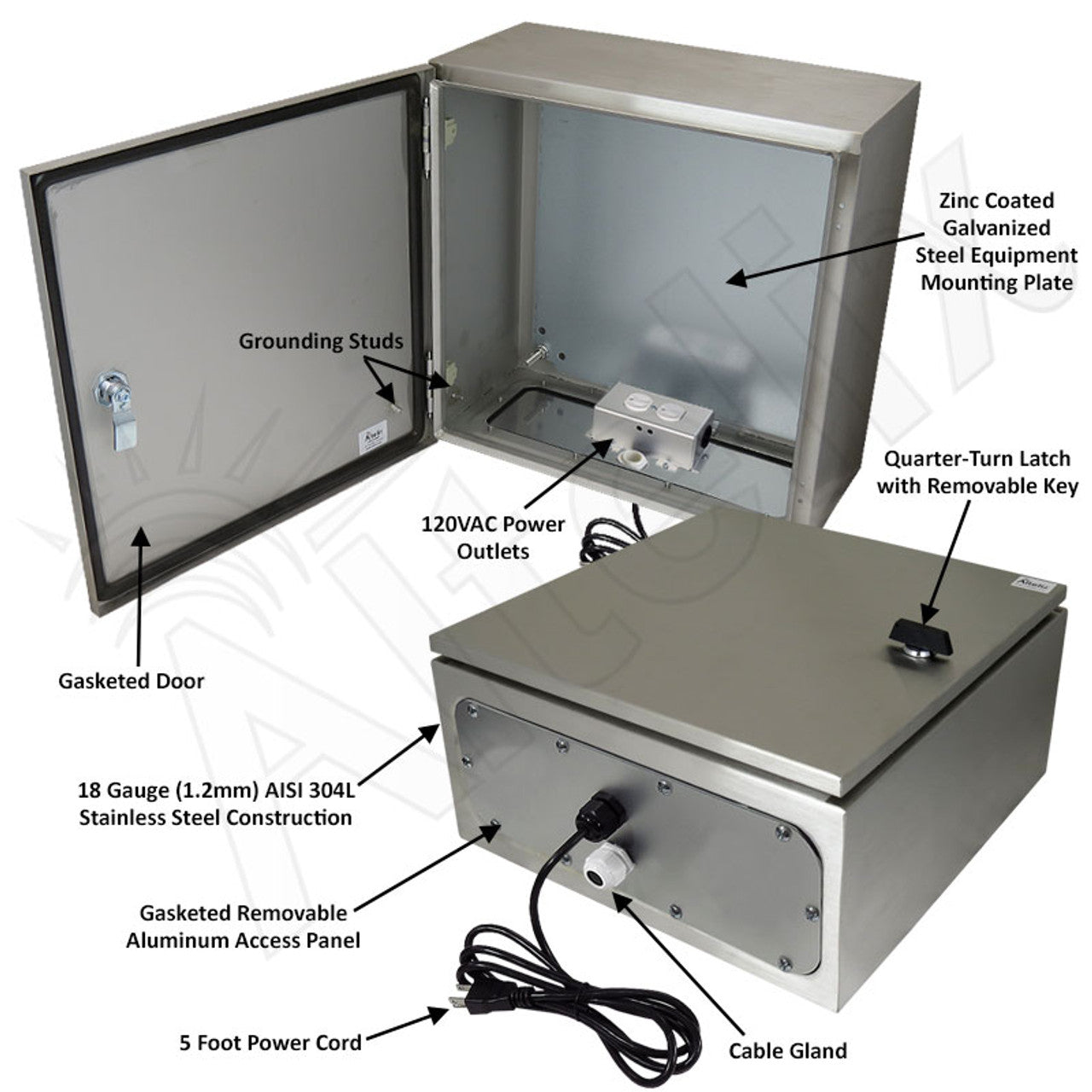 Altelix NEMA 4X Stainless Steel Weatherproof Enclosure with 120 VAC Outlets and Power Cord - 0