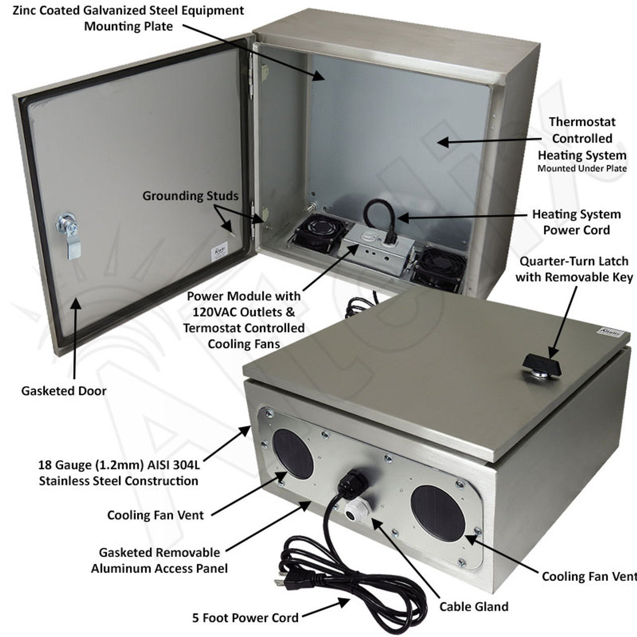 Altelix Stainless Steel Heated Weatherproof NEMA Enclosure with Dual Cooling Fans, 200W Heater, 120 VAC Outlets and Power Cord-2