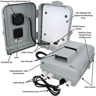 Altelix 15x10x5 PC+ABS Vented RF Transparent Outdoor WiFi Enclosure with No-Drill PVC Equipment Mounting Plate, Cooling Fan, 120 VAC Outlet & Power Cord - 0