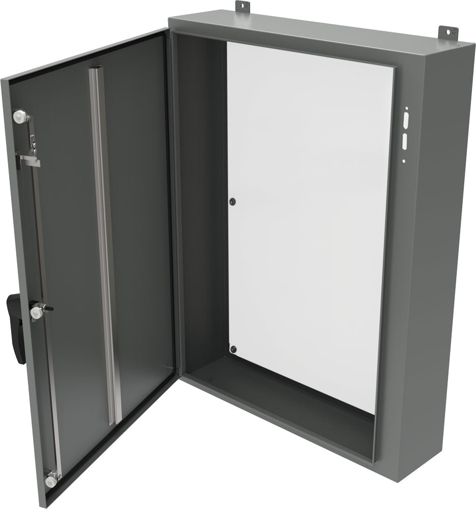 NEMA 4 Mild Steel Wallmount Disconnect Enclosure 1447S HK Series  Continuous Hinge Door (Flange with multi   vendor cutout) with Defeater Handle